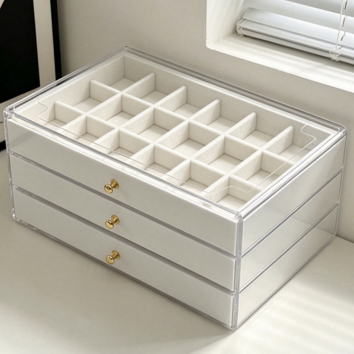 White Wood Grain 3-Layer Jewelry Organizer Box, Clear PS Stackable Storage Case