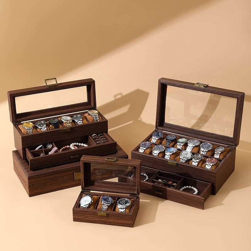 Wood Grain Leather Watch Box for 20 Watches with Drawer, Glass Top Jewelry Organizer